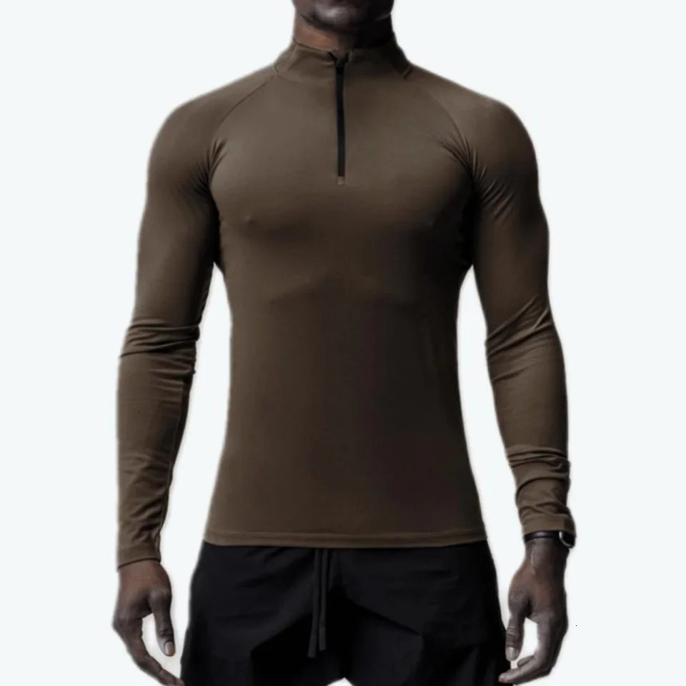 Tee Men T-Shirt Active Sports Tops Casual Gym Half High Collar Muscle Long Sleeve Polyester Quick Drying Slim Fit 240603