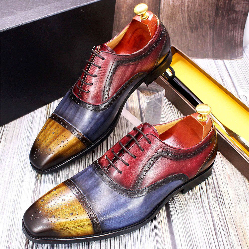 Handmade Mens Dress 100% Calf Leather Cap Toe Oxford Mixed Colors Lace Up Brogue Wedding Party Formal Shoes For Men