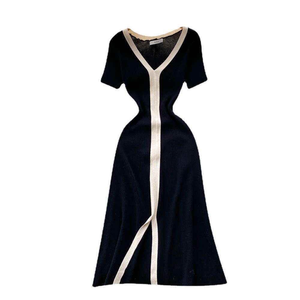 24Ss Summer New Light Mature Small Fragrance Style Contrast Color V-Neck Celebrity Temperament Slim Waist Short Sleeved Knitted Dress