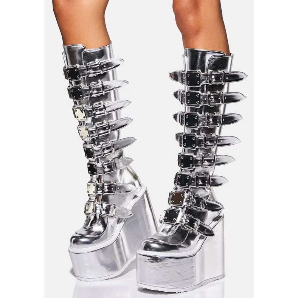 Design Sier Platform Wedges Knee Women Buckle High Heel Round Toe Cute Girl Boots Lady Shoes 2023