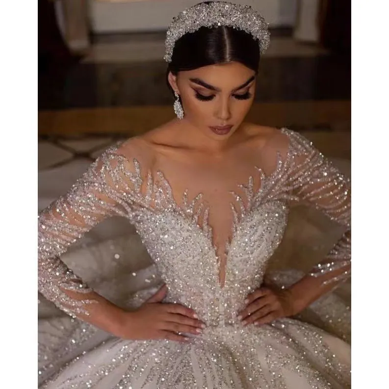 Ball Stunning Princess Wedding Dresses For Women Long Sleeves Turkish Bridal Gowns Backless Sequin Vestido De Noiva 2024 Crystals Arabic Shiny Wed Gow