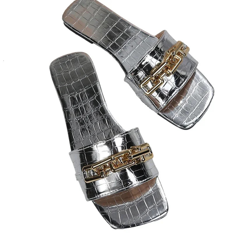 Womens Chain Apartment Slide Summer Sandals Casual Shoes Fashion Slide Walking Flip Beach Shoes Dress Slide 240611