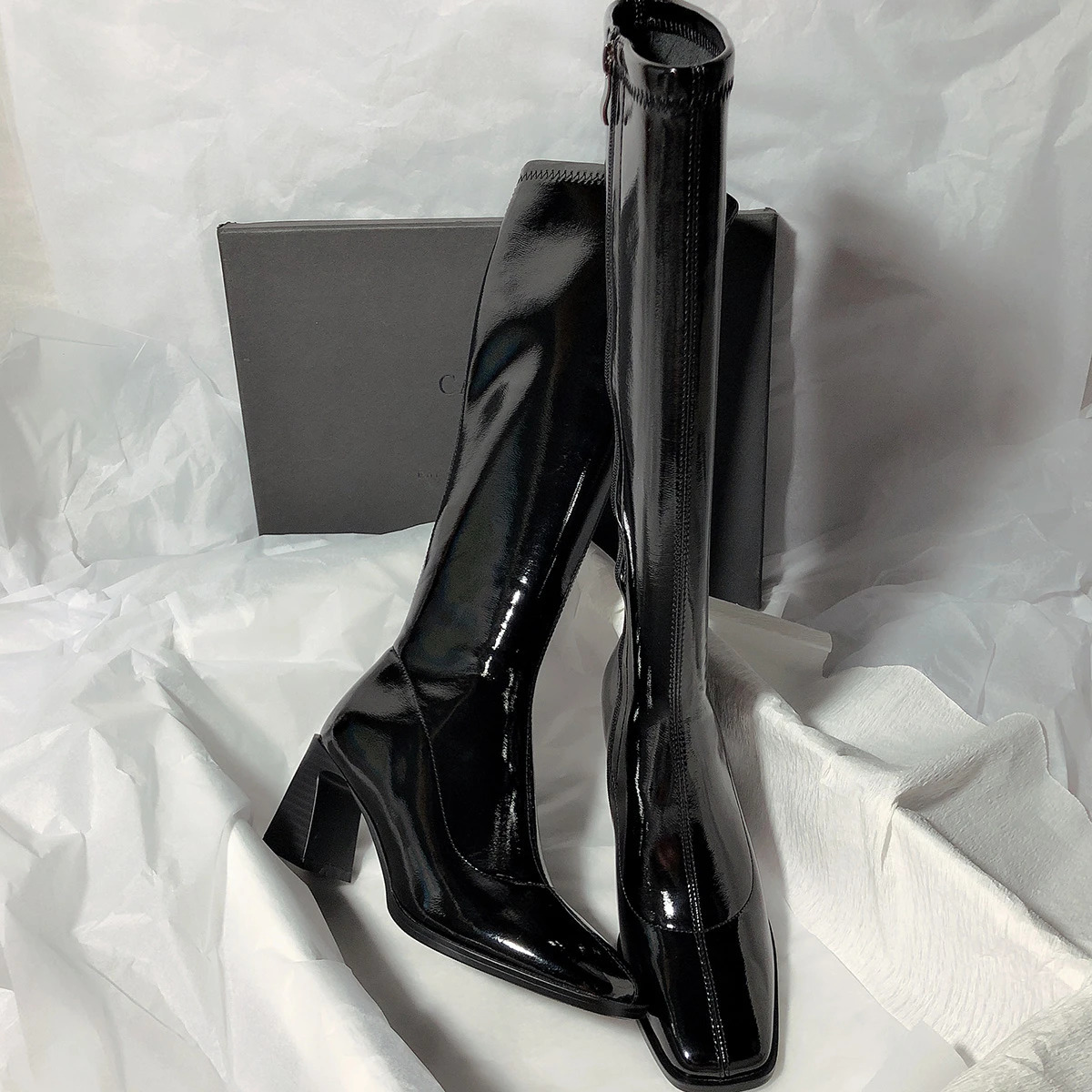 Designer Boot Luxury Boot Black Boot 7Cm Women Long Boots High Quality Leather Patent Leather Ladies Zip Knight Boots Fashion High Heel Knee-High Lady