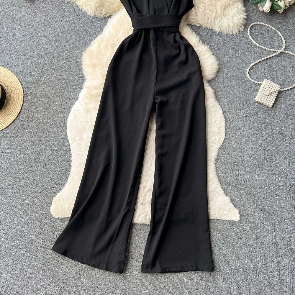 Temperament V-neck waistband jumpsuit for womens summer new age reducing Korean version fashionable and slim high waist draped wide leg pants