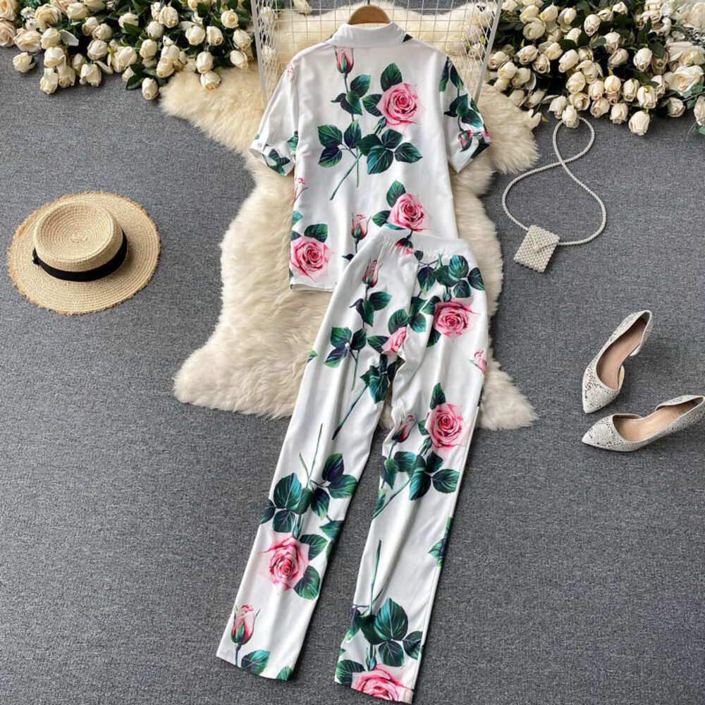 High end professional suit womens Shirt Short Sleeve elegant printing temperament versatile High Waist Wide Leg Pants fashionable two piece set