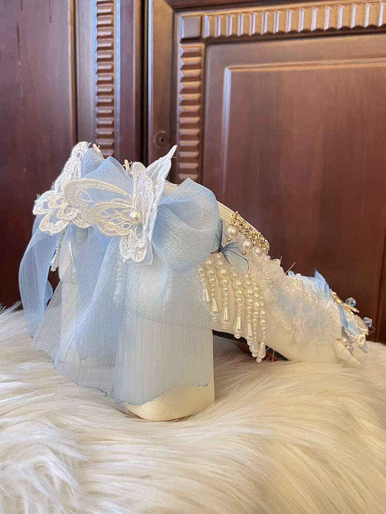 Ladies Blue Pearl Feather Diamond High Heels Thick Square Heel Butterfly Hine Decoration Cute Mary Jane Lolita Shoes