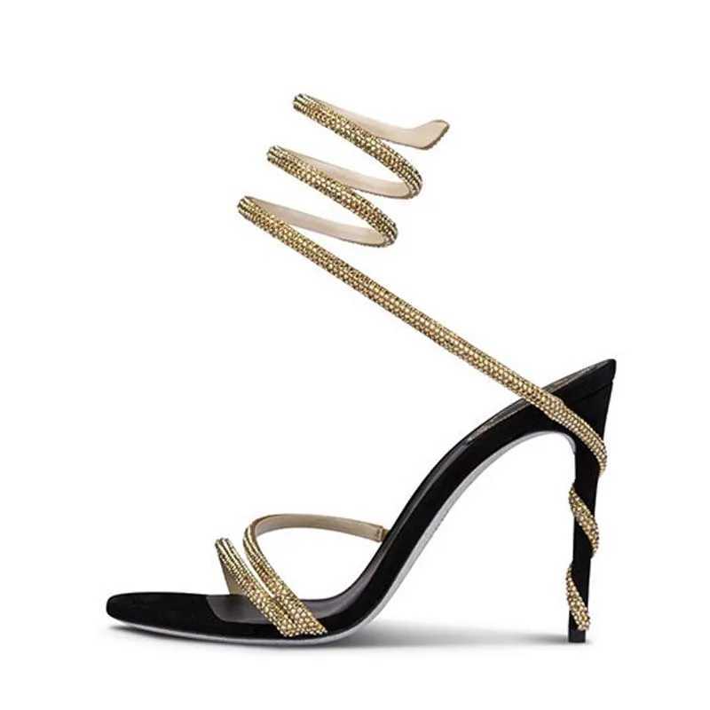 Rhie Toe Open Crystal Eilyken Woman Sandals Design Sexy Thin High Heels Party Prom Shoes Fashion Ankle Strap Pu