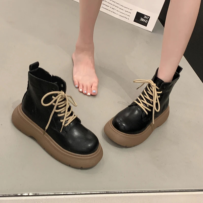 Women Autumn Flat Boots Shoes Heel Lace Up Round Toe Rock Med Rubber Summer Ladies Lolita Ankle Cross-tied PU Lace-Up S 2