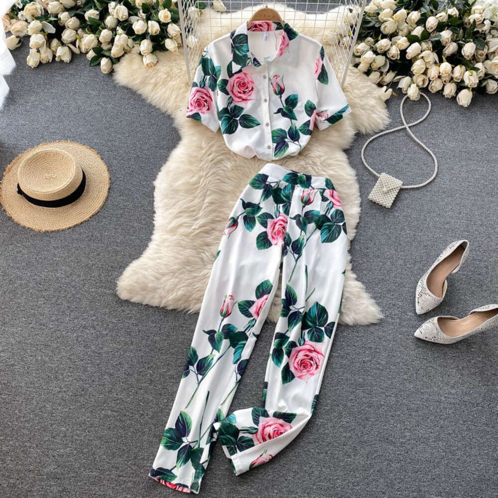 High end professional suit womens Shirt Short Sleeve elegant printing temperament versatile High Waist Wide Leg Pants fashionable two piece set
