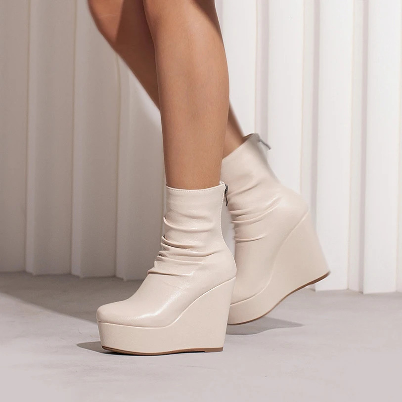 Wedges Ankle Boots Women Winter Autumn Shoes Fashion Faxu Leather Platform Womens Short Boots Sexy High Heels Black Shoes Femal 240611