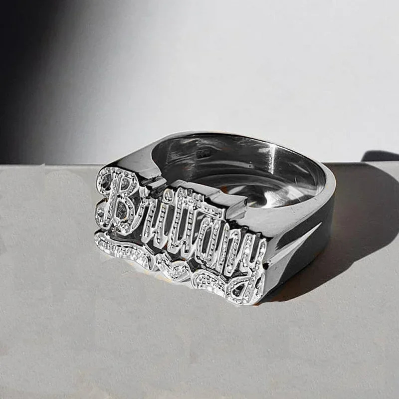 DIY Alloy Two-Tone Engraved Name Ring Custom Name Ring Stainless Steel Two Finger Open Ring 240530