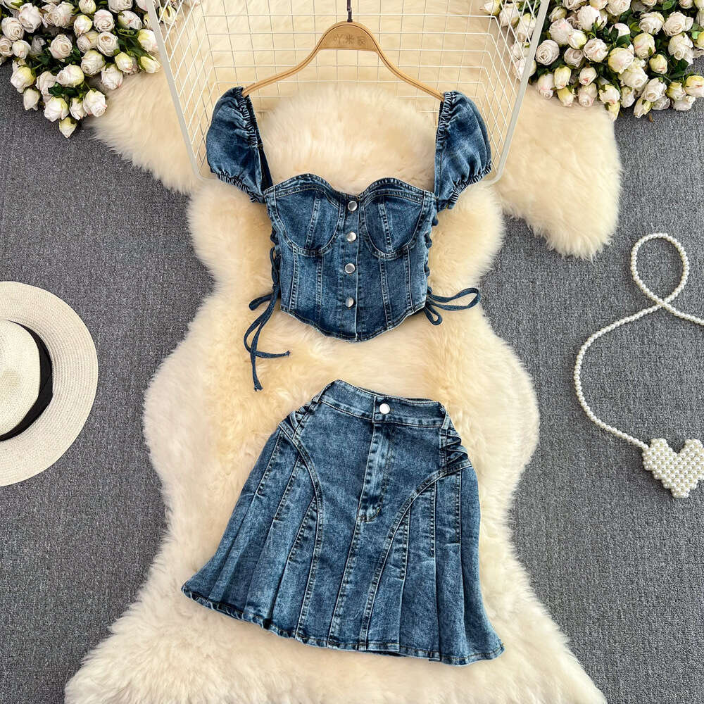 Fashion Set Spicy Girl Short Open Umbilical Strap Denim Top Two Piece High Waist Pleated Half Skirt