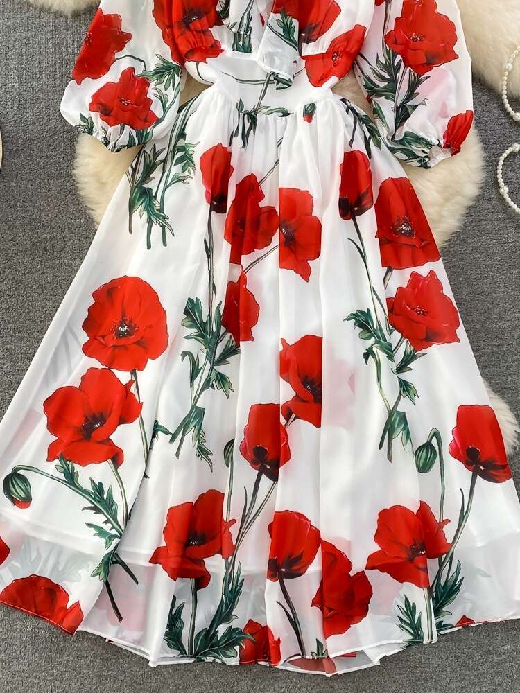 French Hepburn Bow Tie Up Waist Slim A-line Printed Chiffon Dress Elegant Large Swing Long Dress