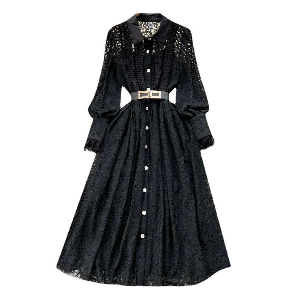 Spring and autumn new style lapel heavy work hook flower hollow-out French lace dress female fashion big swing knee length skirt
