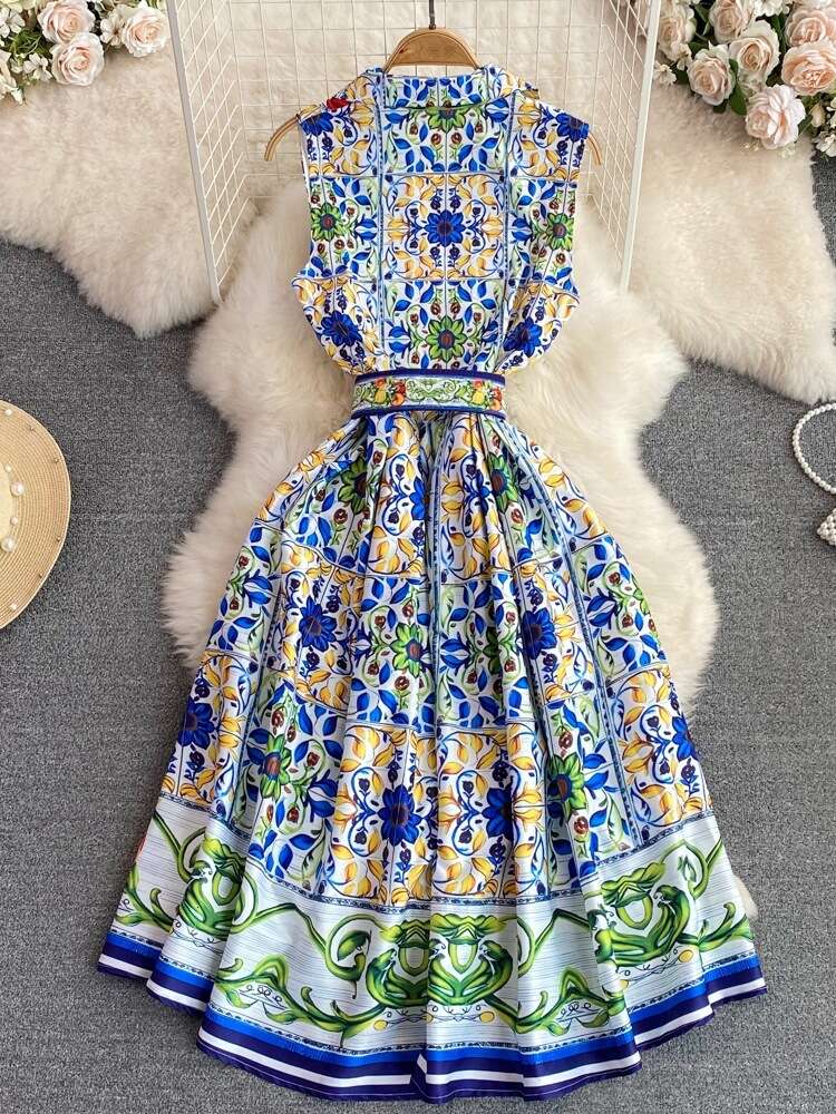 24ss Summer Elegance Sleeveless V-neck Waist Slimming Mid length Single breasted A-line Printed Dress