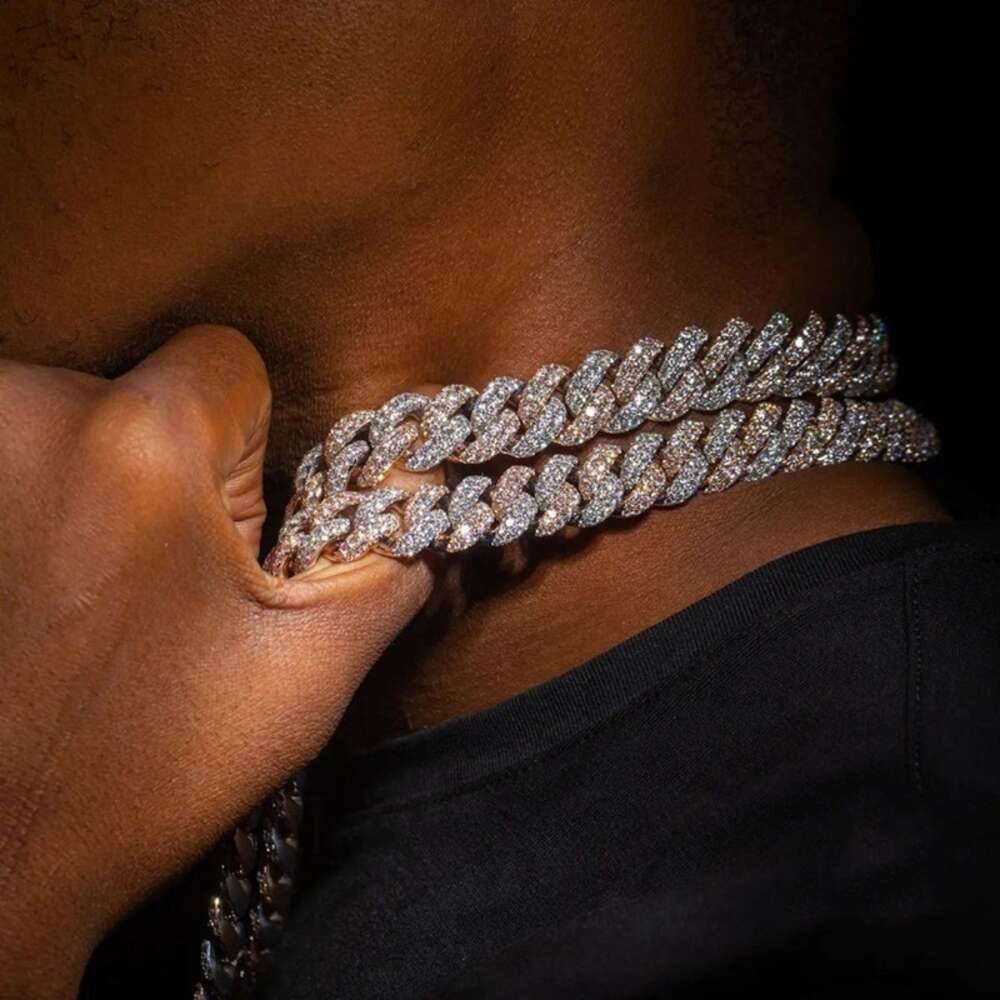 Sterling Silver 925 Two Tone Prong Set Miami Iced Out Vvs Moissanite Cuban Link Chain