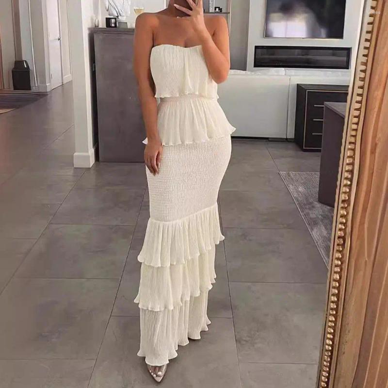 Casual Dresses Slim Fit Women Dress Party Elegant Off Shoulder Maxi Pleated Ruffle Backless For Cocktail Parties Banquets