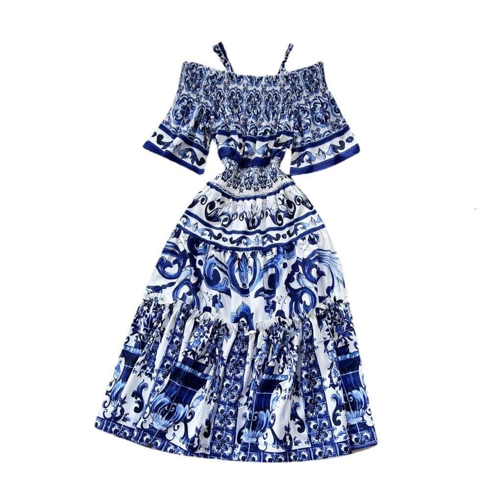 Summer New Style Off Shoulder Strap Long Dress for Women with Elastic Waist and Large Swing Printed Holiday Style Dress