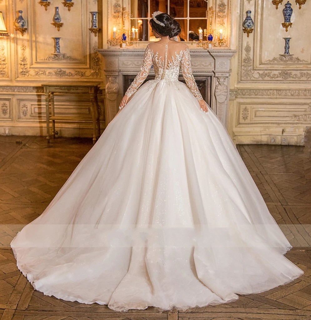 Wedding Church Dress Illusion Neck Long Sleeves Lace Sequins Tulle Ball Gown Bridal Bride Gowns Arabic Dubai Vestido De Noiva Customed s