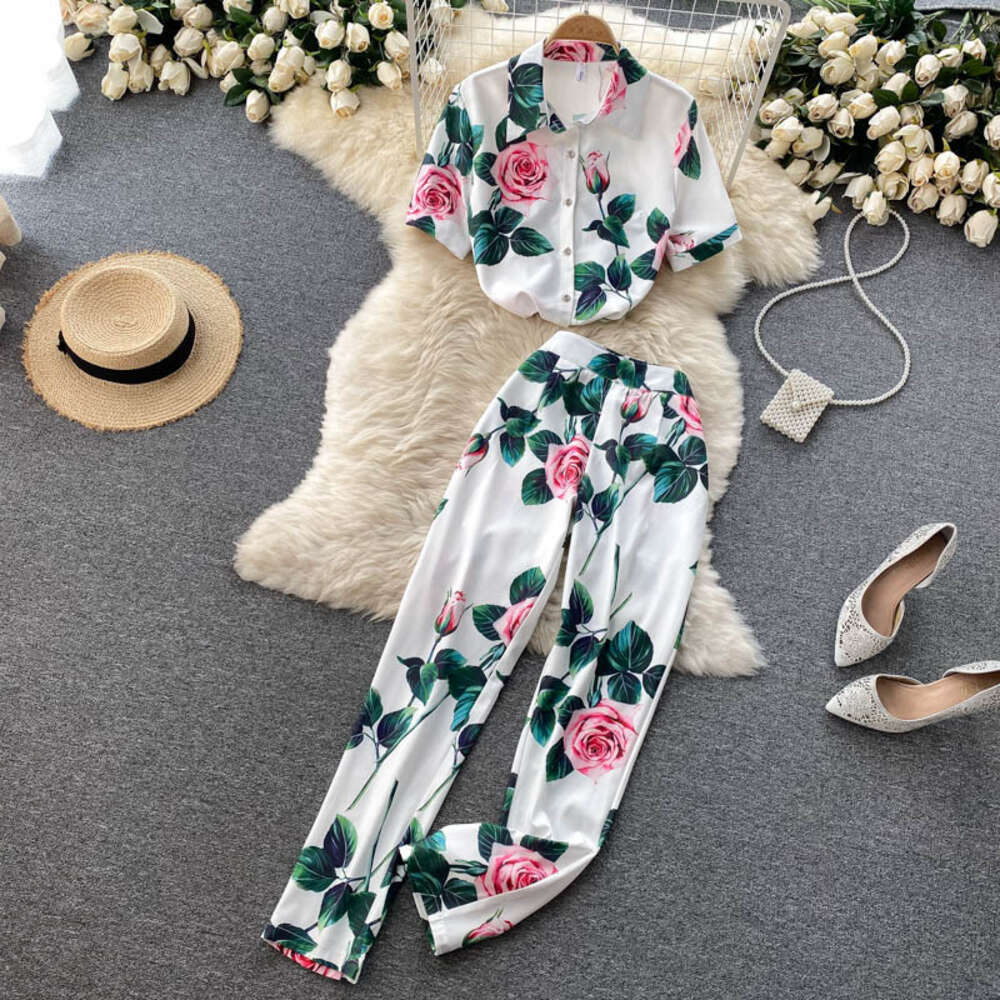 High end professional suit womens Shirt Short Sleeve elegant printing temperament versatile High Waist Wide Leg Pants fashionable two piece set
