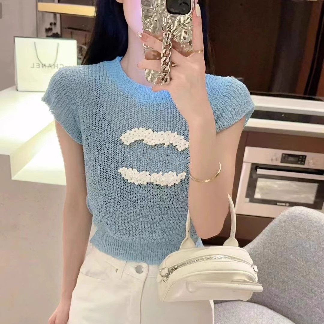 Women beading fllower logo appliqued designer knits o-neck short sleeve summer thin knitted tees SML