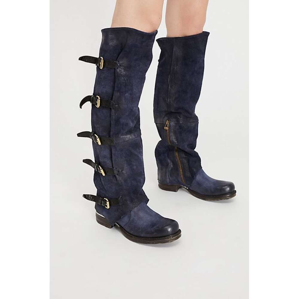 Fashion Gladiator Round Toe Buckle Flats Women Knee High Leather Zip Knight Boots Dress Fall Lady Shoes 2024