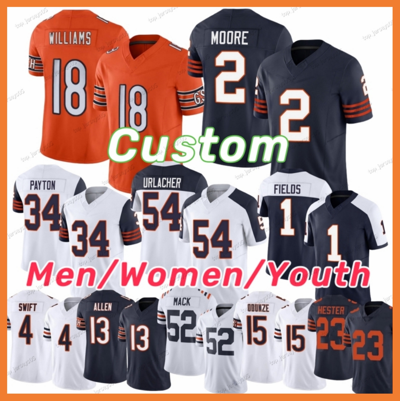 Caleb Williams Rome Odunze DJ Moore Football Jersey Cole Kmet D'Andre Swift Walter Payton Tory Taylor Brian Urlacher Montez Sweat Jaylon Johnson Keenan Allen Brisker