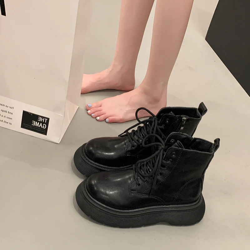 Women Autumn Flat Boots Shoes Heel Lace Up Round Toe Rock Med Rubber Summer Ladies Lolita Ankle Cross-tied PU Lace-Up S 2