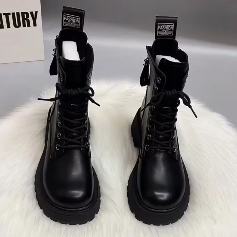 SLX Winter British Style Womens Martin Boots Black Retro Zipper Thick Bottom Joker High Quality Soft Leather Booties 240611