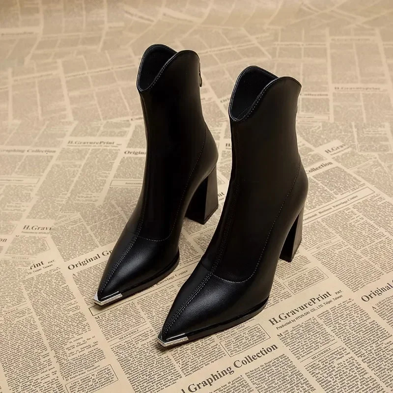 Pointed Toe Womens Ankle Boots Fashion Back Zippers Short Botas Ladies Elegant Square High Heel Winter Womens Footwear 240611