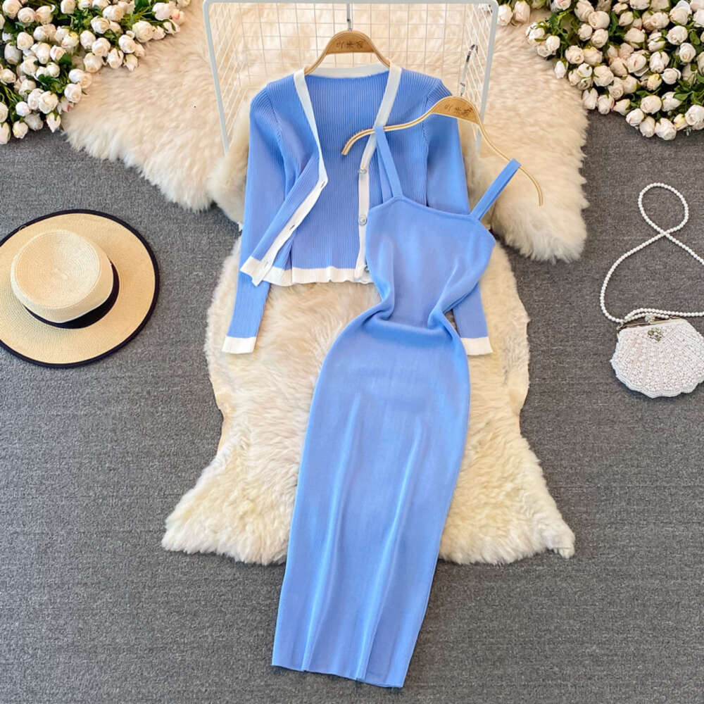 Fashion V-Neck long sleeve Knitted Top shawl cardigan two piece suit medium long tight elastic Hip Wrap Dress
