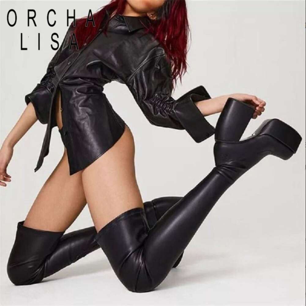 Brand New Autumn Winter Mid Calf Boots Punk Goth Chunky Platform High Heels Motorcycle Long Booty Women Shoes Big Size 46 47 48