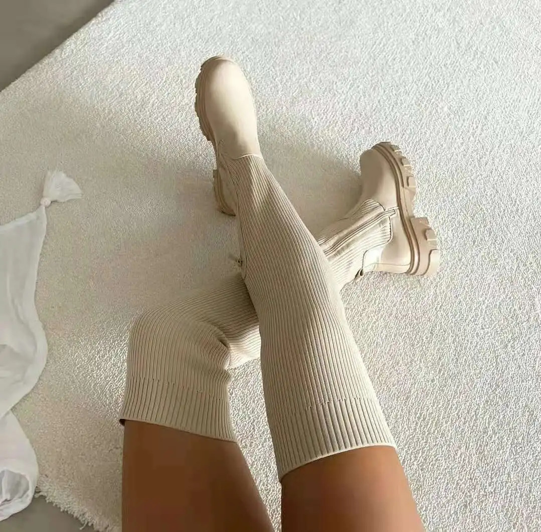 Women Thick Sole Boots Autumn Winter Breathable Knitting Sock Ladies Thigh High Boots Stretch Round Toe Shoes Plus Size 43 240611
