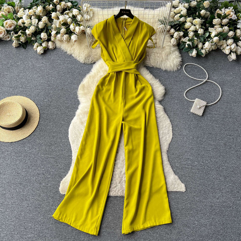 Temperament V-neck waistband jumpsuit for womens summer new age reducing Korean version fashionable and slim high waist draped wide leg pants