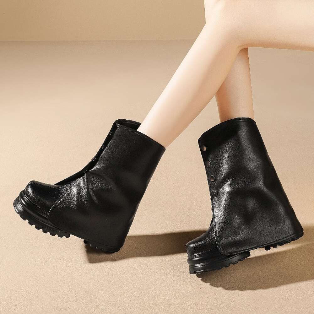 Spring Autumn New Slim Height Increasing Wedges Platform Buckle Genuine Leather Women Mid-Calf Modern Trouser Boots Winter Plush