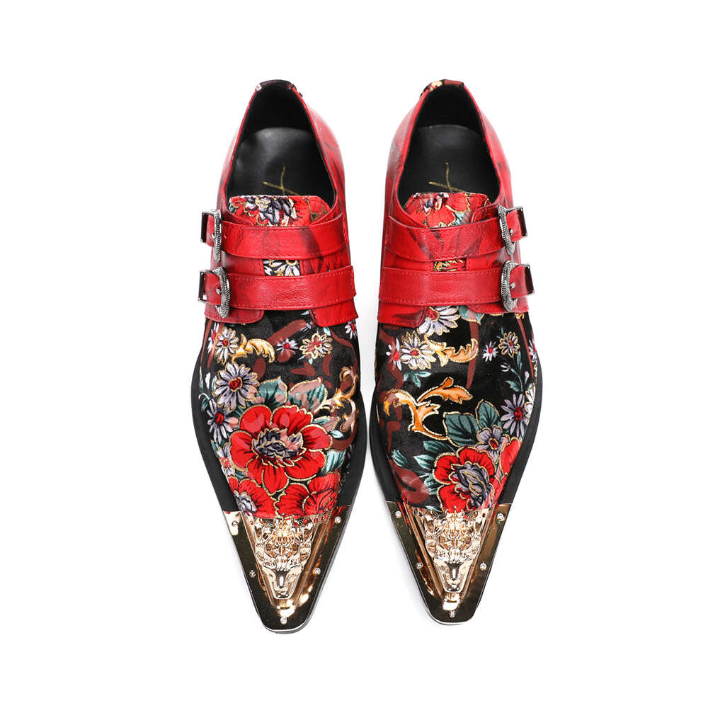 New Chinese Style Red Flower Men Oxfords Big Size Metal Pointed Toe Real Leather Male Wedding Celebrate Dress Shoes