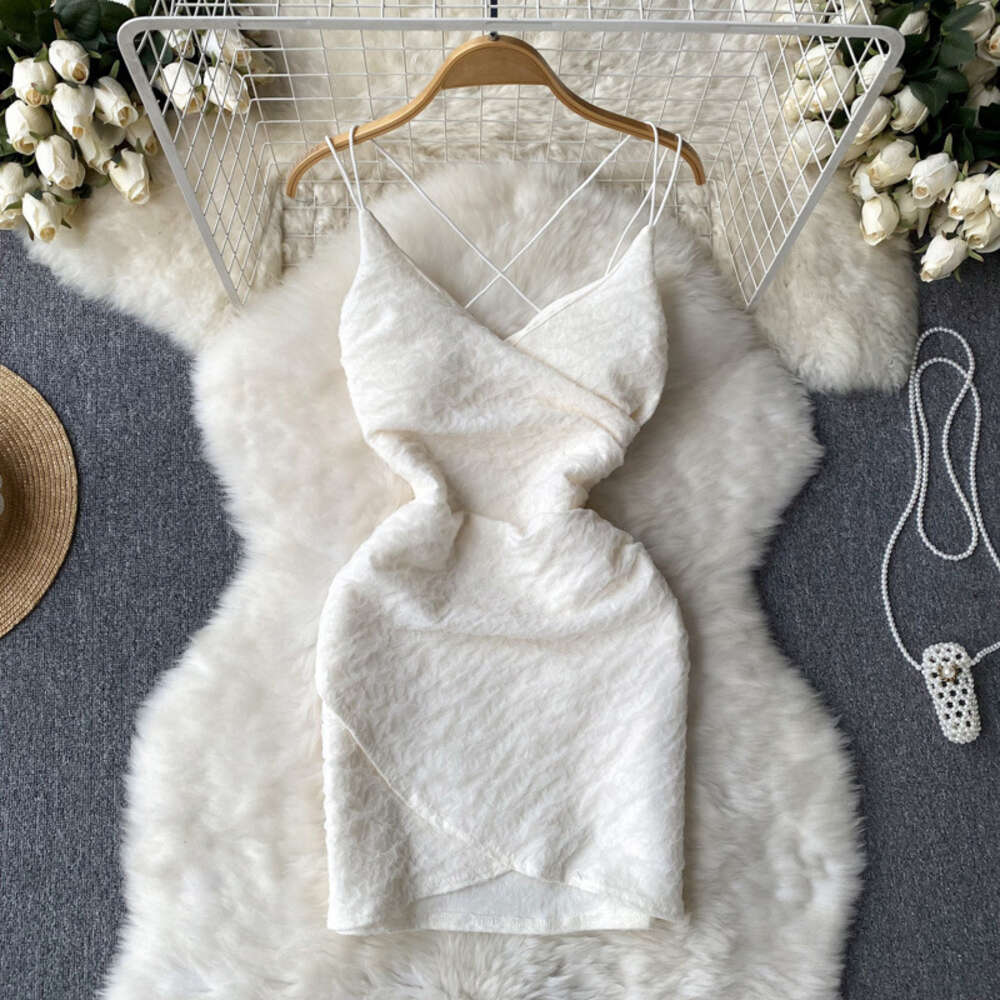 Summer French Temperament Fashion Open-Back V-Neck Suspender Dress Women Slim Irregular Light Cooked Split Buttock Skirt