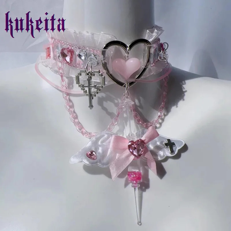 Kukeita Handmade Kawaii Angel Wing Bow choker Y2k Harajuku Love Rhinestone Ruffles chain Necklace Lolita Accessories 240531