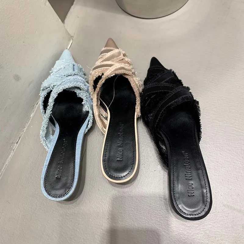 Slippers 2024 Women Mules Elegant Sandals Pumps Summer Female Shoes Low Heels New In Fashion Ladies Sandal Pointed Toe Slides FootwearL464