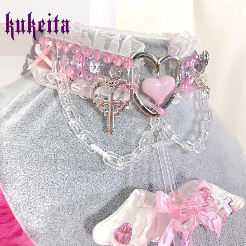 Kukeita Handmade Kawaii Angel Wing Bow choker Y2k Harajuku Love Rhinestone Ruffles chain Necklace Lolita Accessories 240531