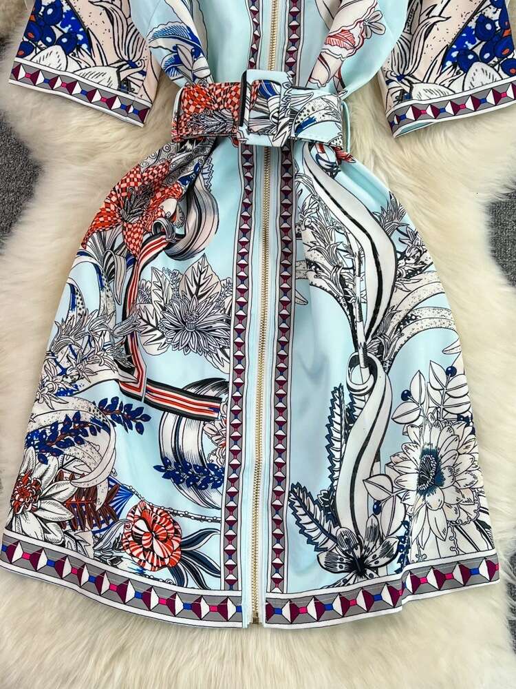 24ss Summer haute couture temperament short sleeved lapel with waistband for slimming positioning print A-line shirt dress