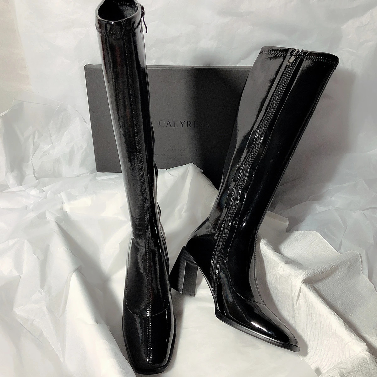 Designer Boot Luxury Boot Black Boot 7Cm Women Long Boots High Quality Leather Patent Leather Ladies Zip Knight Boots Fashion High Heel Knee-High Lady