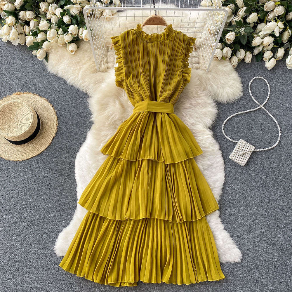French dress womens heavy industry crimp wood ear edge collar lace up waist thin Ruffle chiffon cake skirt