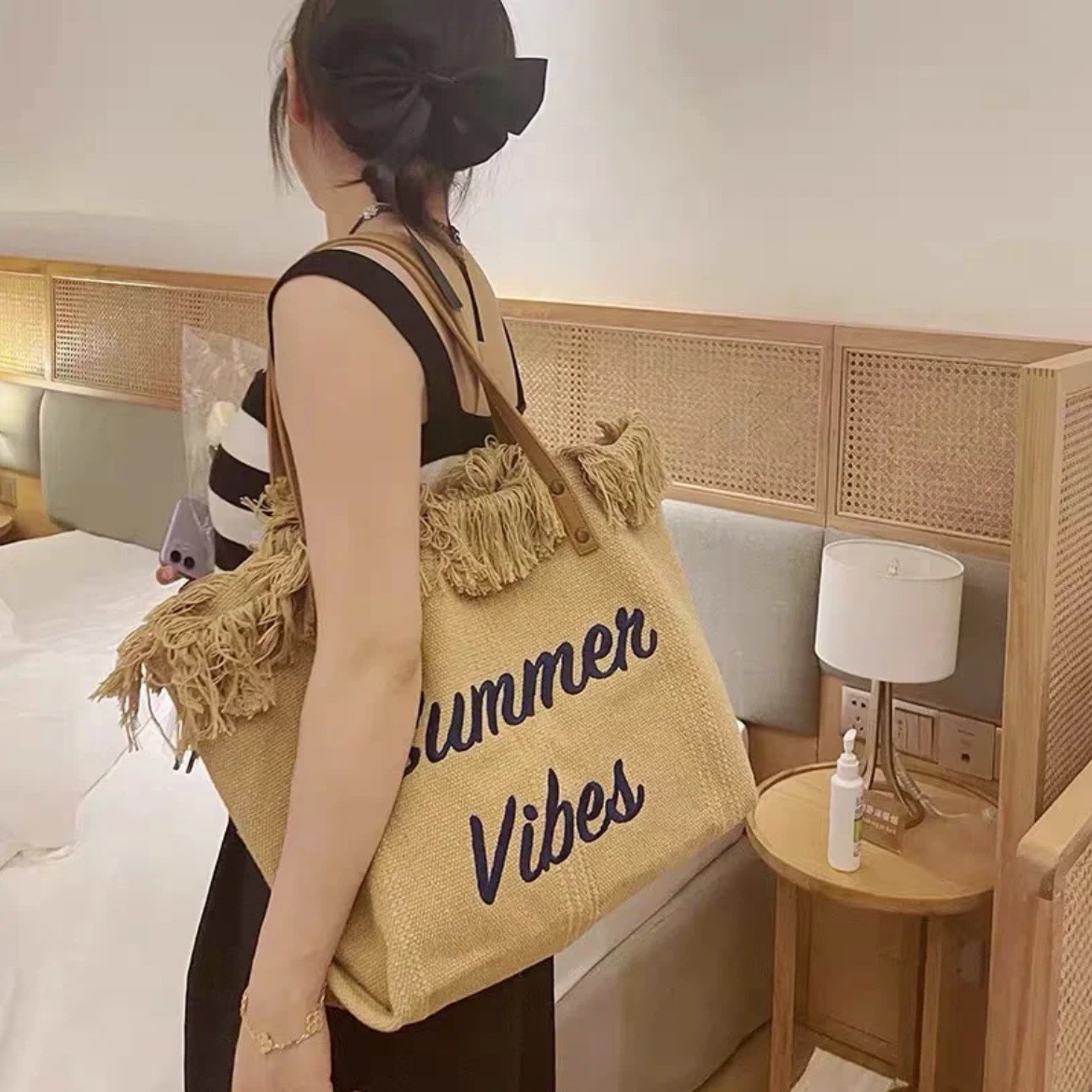 Fashionable and Spacious Canvas Tote Bags for Women with Embroidered Letters
