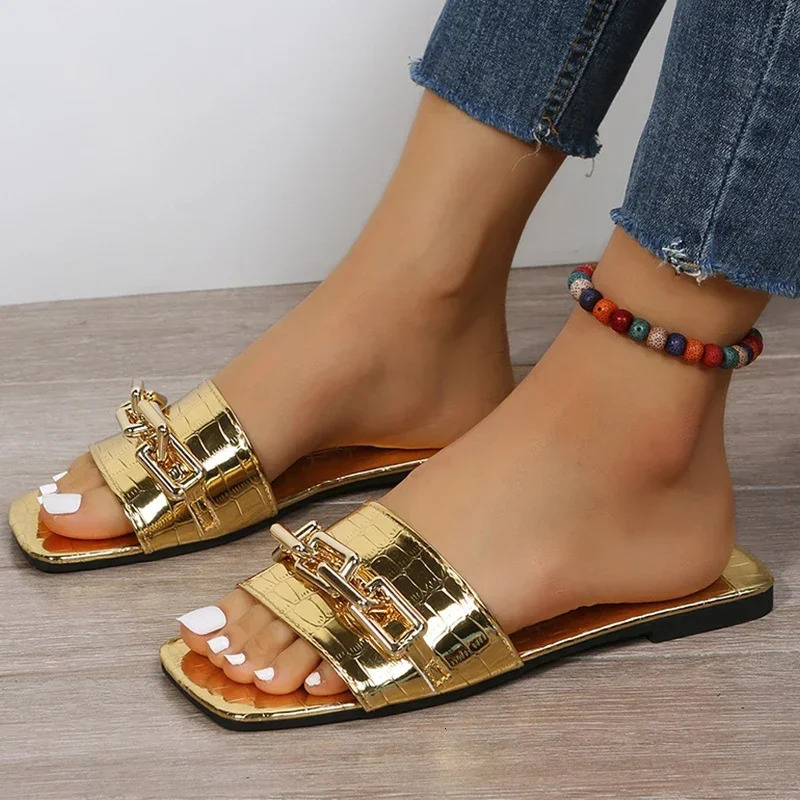 Womens Chain Apartment Slide Summer Sandals Casual Shoes Fashion Slide Walking Flip Beach Shoes Dress Slide 240611