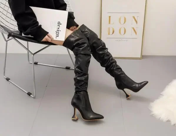 Women Winter Pointed Leather Stiletto Toe White Heeled Knee Boots Wine Glass Heel Side zipper Thigh Gigh Booties