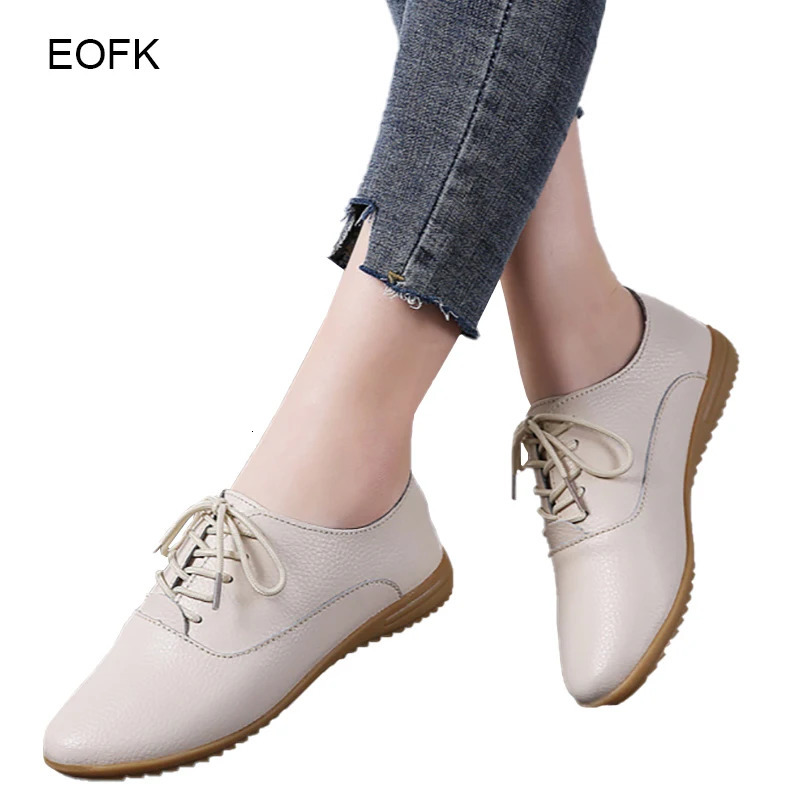 EOFK Spring Autmn Women Oxford Shoes Casual Leather ballet Flats Lace up Soft Comfortable Ladies Derbys 240607