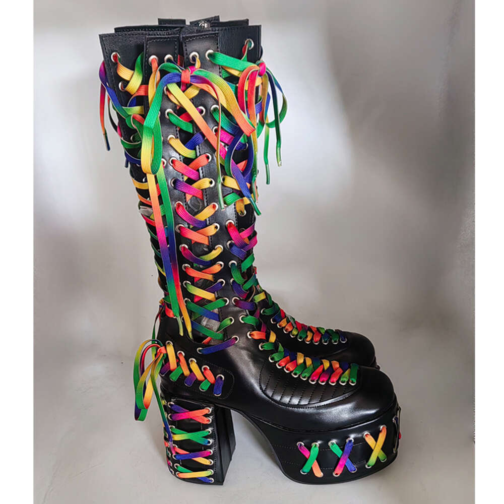 Rainbow Shoelace Side Zipper Round Toe Platform Thick Heel Knee-High Woman Winter 2024 Abby Rock Dark Black Long Boots