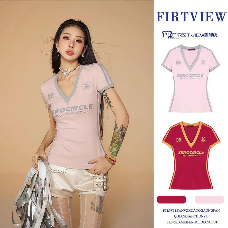 Women's T-Shirt Women v-neck number letter print slim waist short slve sports fooall baby sexy t-shirts SMLXL H25215