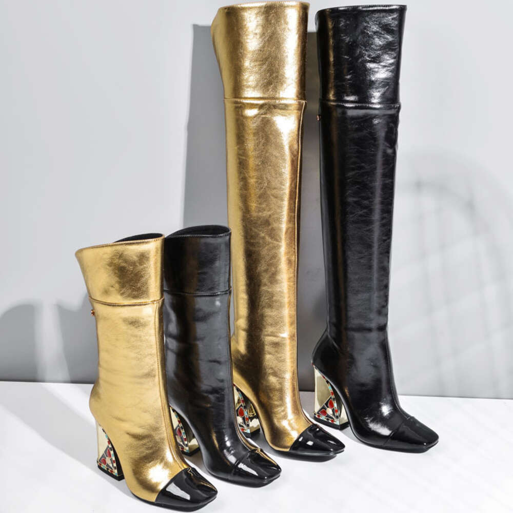 Colored Rhinestone Cowhide Mid Tube/Knee Length Boots Thick Heeled Square Toe Black Gold Runway Performance High Heels